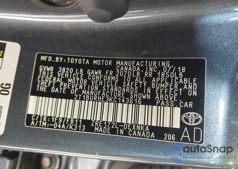 2019 Toyota Corolla Le из США, поврежденный, VIN 2T1BURHE3KC143616